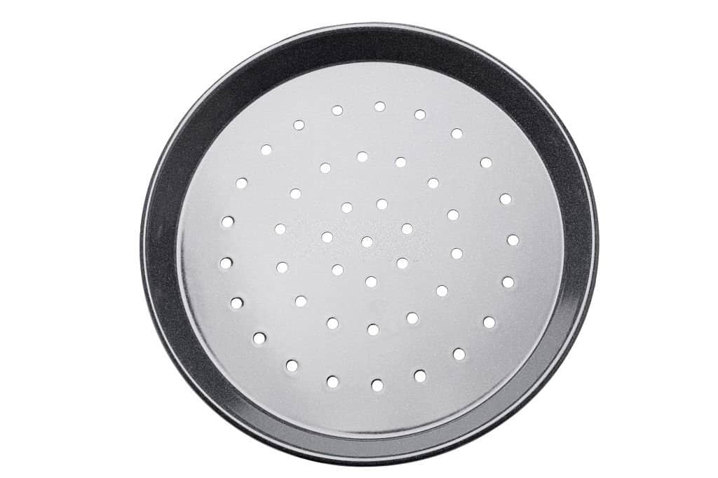 Pizza tin with air vents isolated on white background