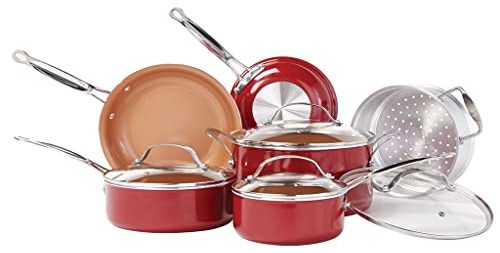 BulbHead 10824 Red Copper 10 PC Copper-Infused Non-Stick Cookware Set